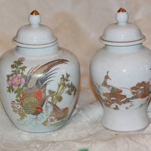 Lot of 2 Vintage Ginger Jars Flowers Birds Pheasant Peacocks